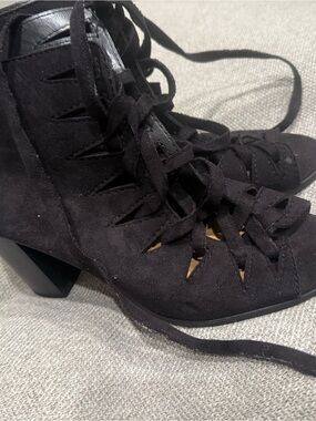 Women's Black Lace-Up Laser Cut High Heel Ankle Boots
